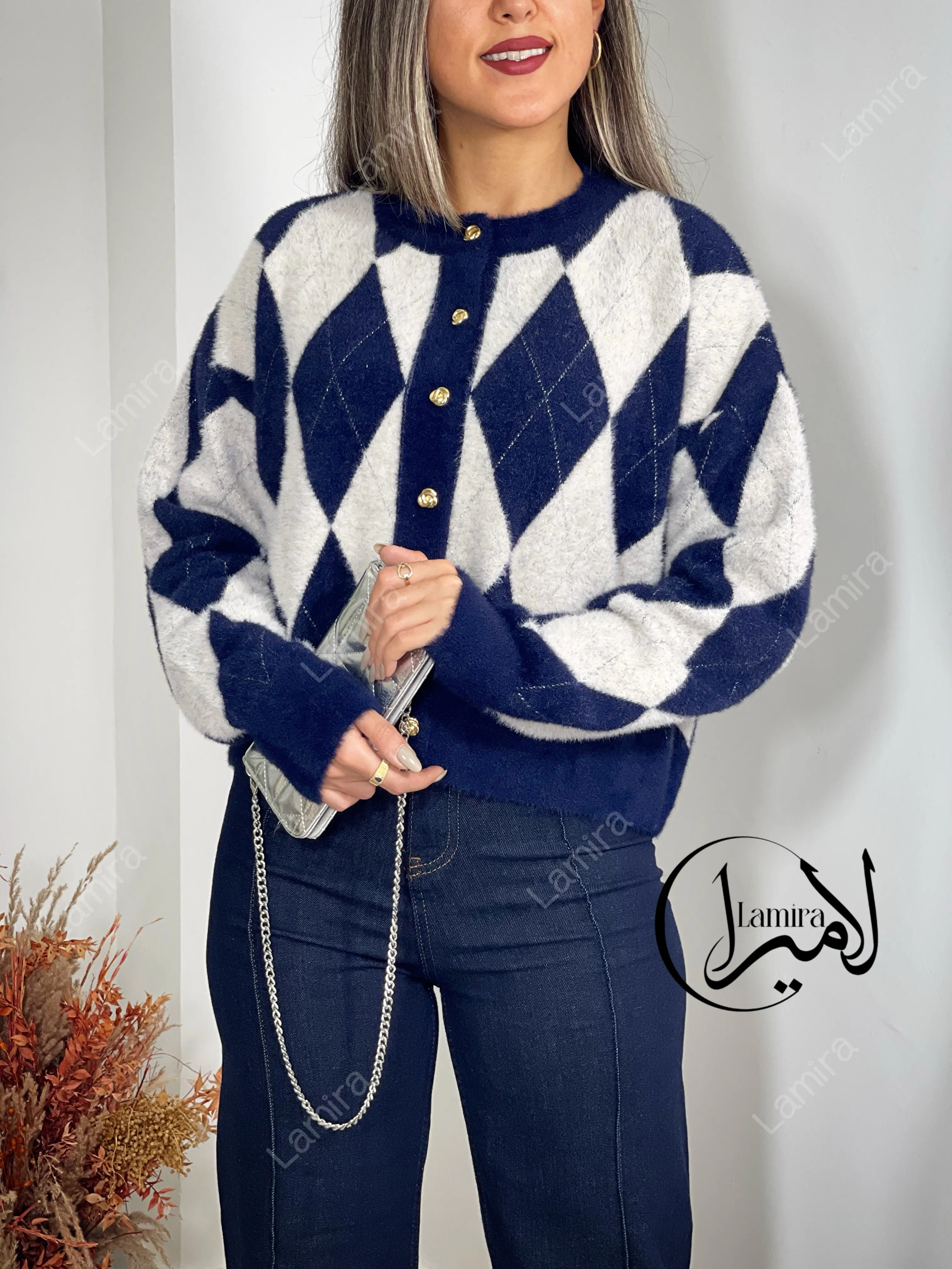 ژاکت بافت لوزی لمه دوزی ترک